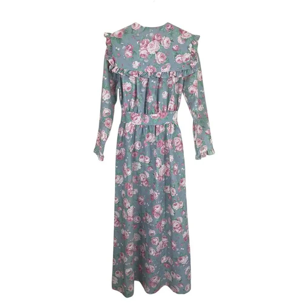 Vintage Komar Floral Robe Housecoat Ruffles Cottage Coquette USA Size Small - Picture 9 of 16